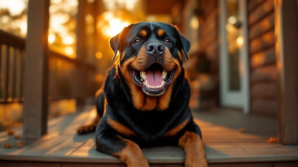 A large Rottweiler on a warm-toned porch at golden hour with a playful, deliberately staged grin — obviously stylized so it never claims to be a candid photo.